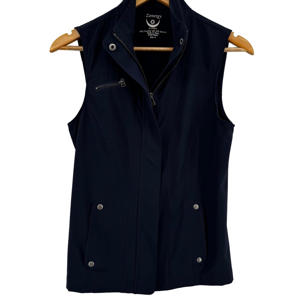 Chicos Zenergy Womens Navy Blue Full Zip Utility Vest Mock Neck Size 0 Small - Picture 1 of 12